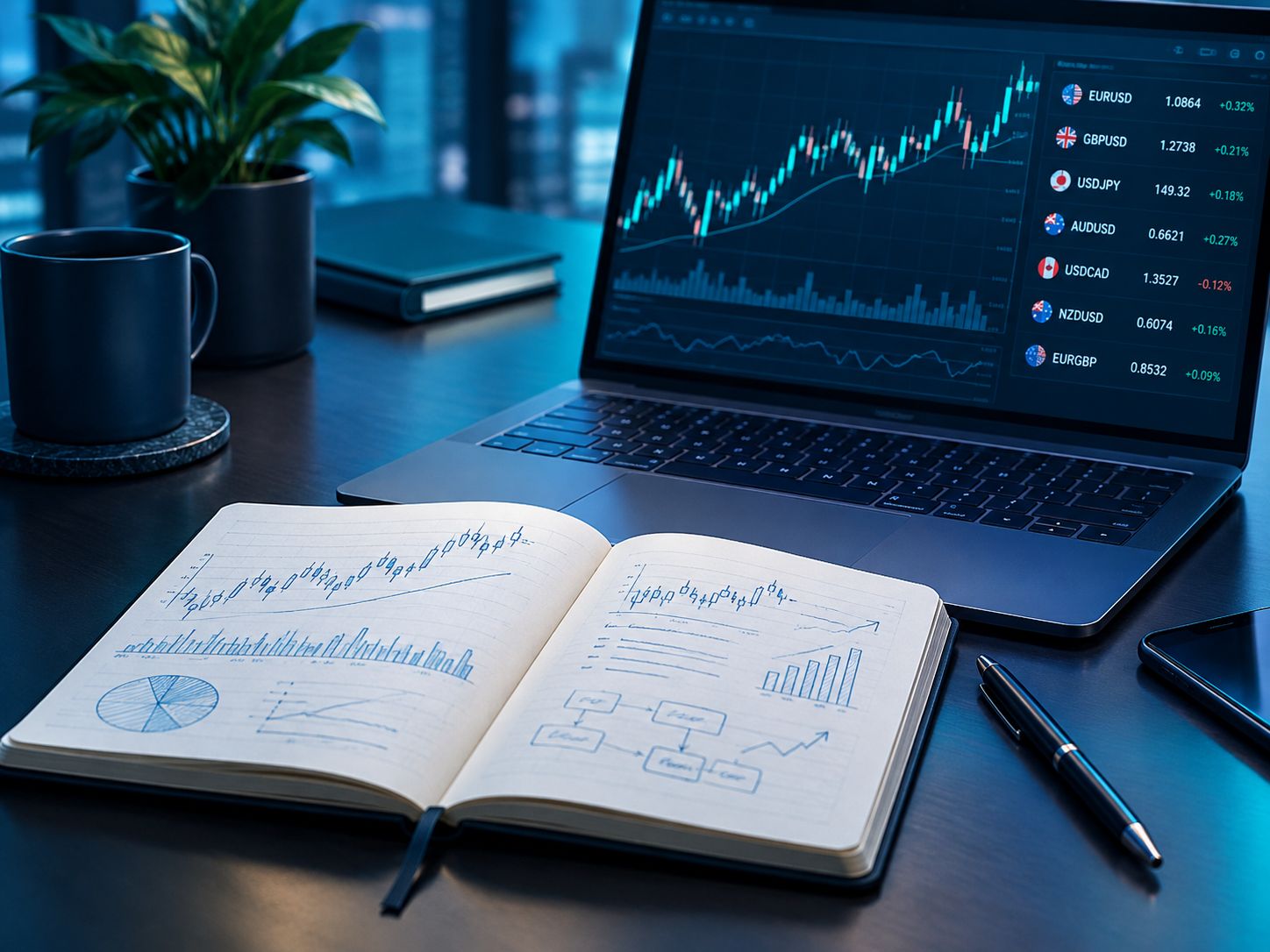 Open notebook with chart sketches beside a laptop showing currency pairs
