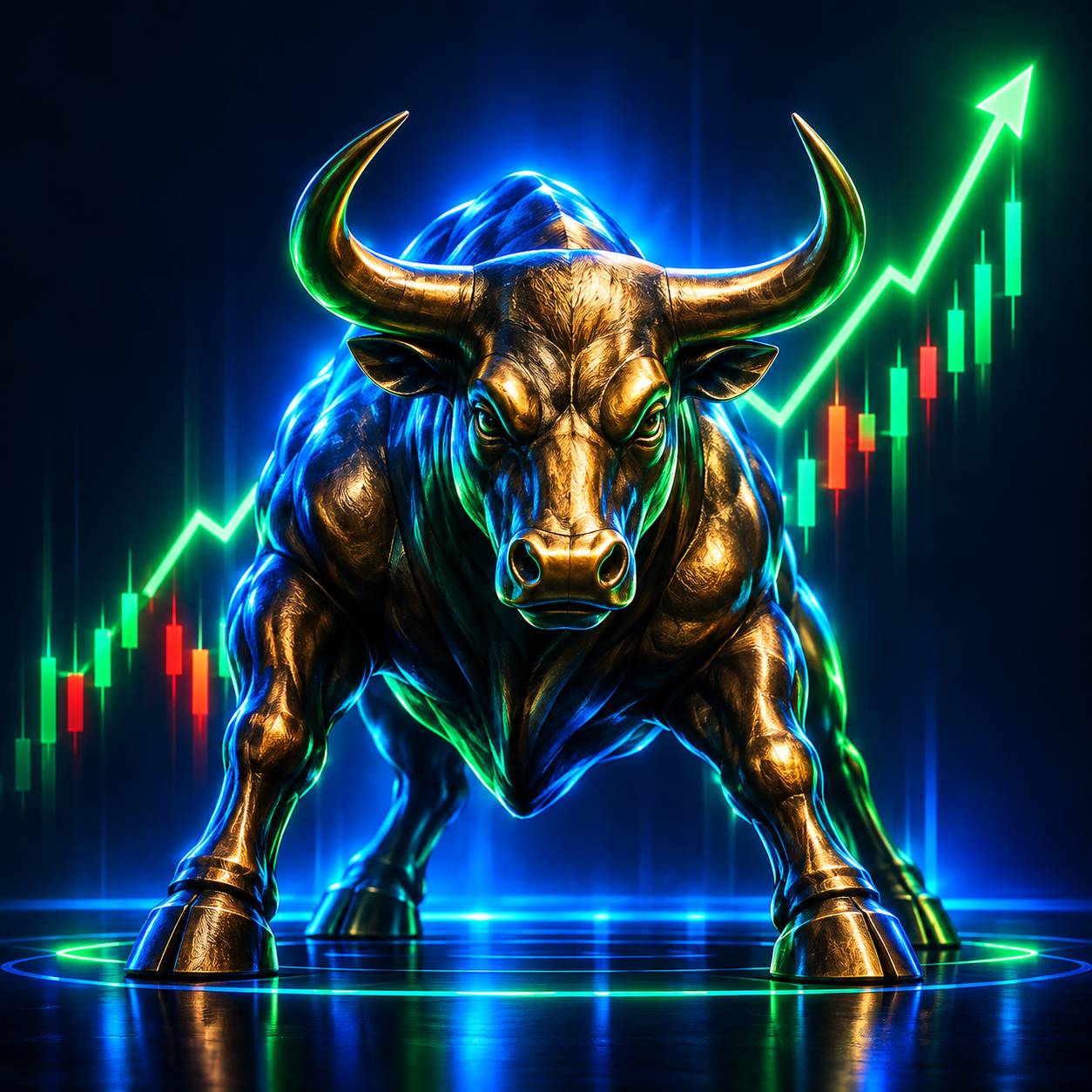 Powerful bronze bull statue with rising green chart lines behind it