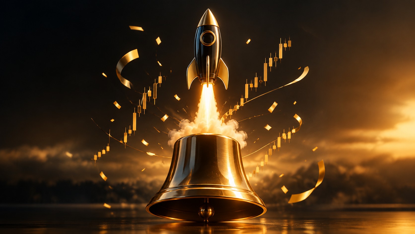 Rocket launching from a bell with confetti of chart lines